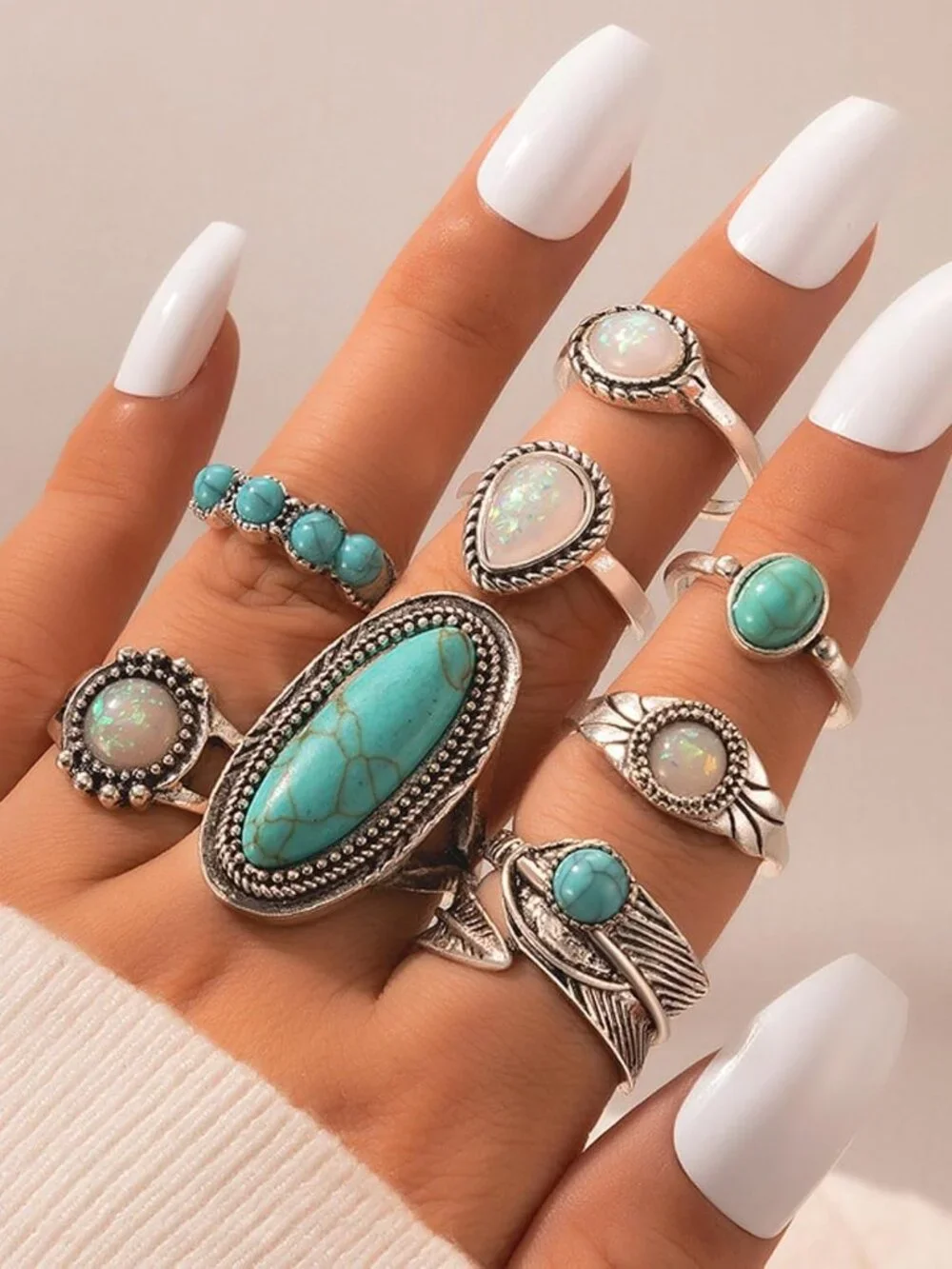 Turquoise Ring Set for Women Western Jewelry Silver Statement Vintage Rings Stac - Picture 3 of 7